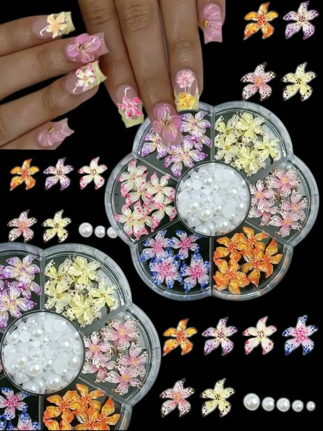 

1 Box Y2K Leopard Print Colorful Flower Nail Art Decorations, 3D Polka Dot Flowers, ABS Faux Pearl, Suitable For Valentine's Day Party Nail Art Decor, DIY Nail Supplies, Nail Gems Nails