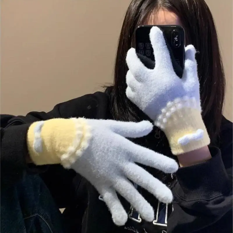 

2025 милые вязаные плюшевые перчатки с бантом, осенние и зимние теплые милые студенческие зимние перчатки с пятью пальцами