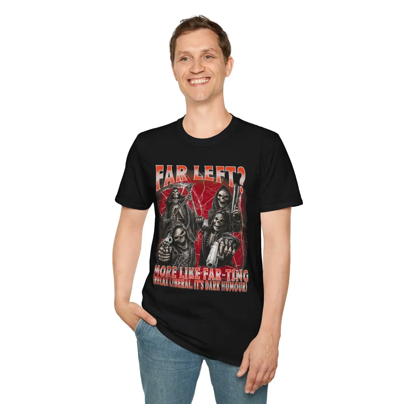 Far Left More Like Farting Grim Reaper Dark Humor Meme T Shirt Ironic Y2K Skull Skeleton Conservative Funny Liberal Joke Top