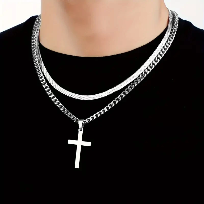 2 stainless steel men's cross pendant necklace, street hip hop casual men's chain, Father's Day gift, birthday gift, son boyfrie