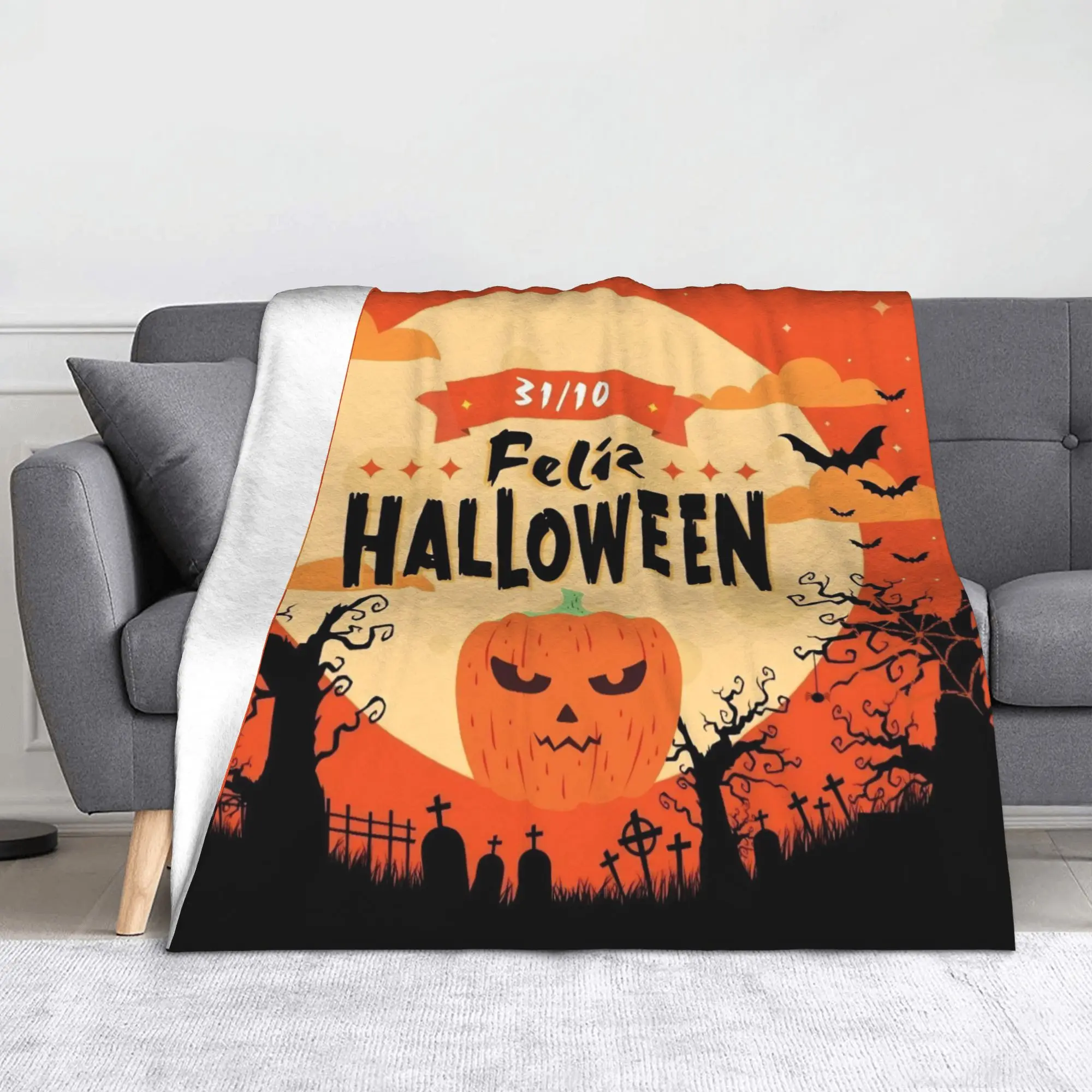 Horror Pumpkin Happy Halloween Knitted Blanket Death Cross Fleece Throw Blankets Bedding Couch Decoration Soft Warm Bedspread