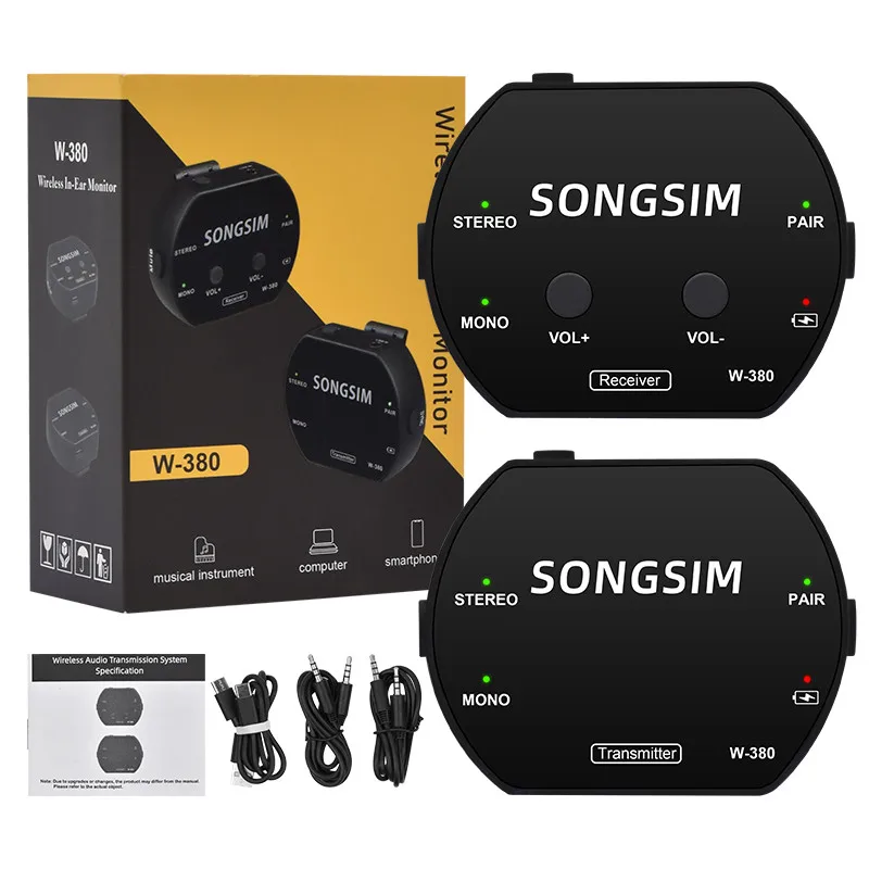 

SONGSIM W-380 Wireless Earphone Monitor Rechargeable Transmitter Receiver Support Stereo Mono Mute Function with Volume Button