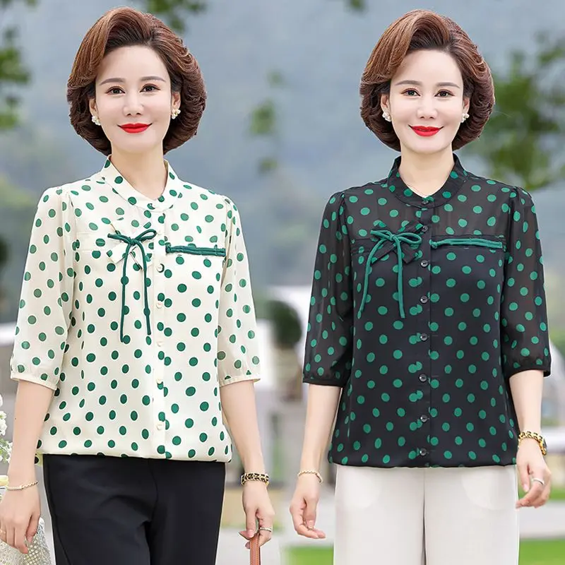 Элегантная летняя одежда для мам, шифоновая блузка с длинным рукавом, свободный модный женский топ среднего возраста