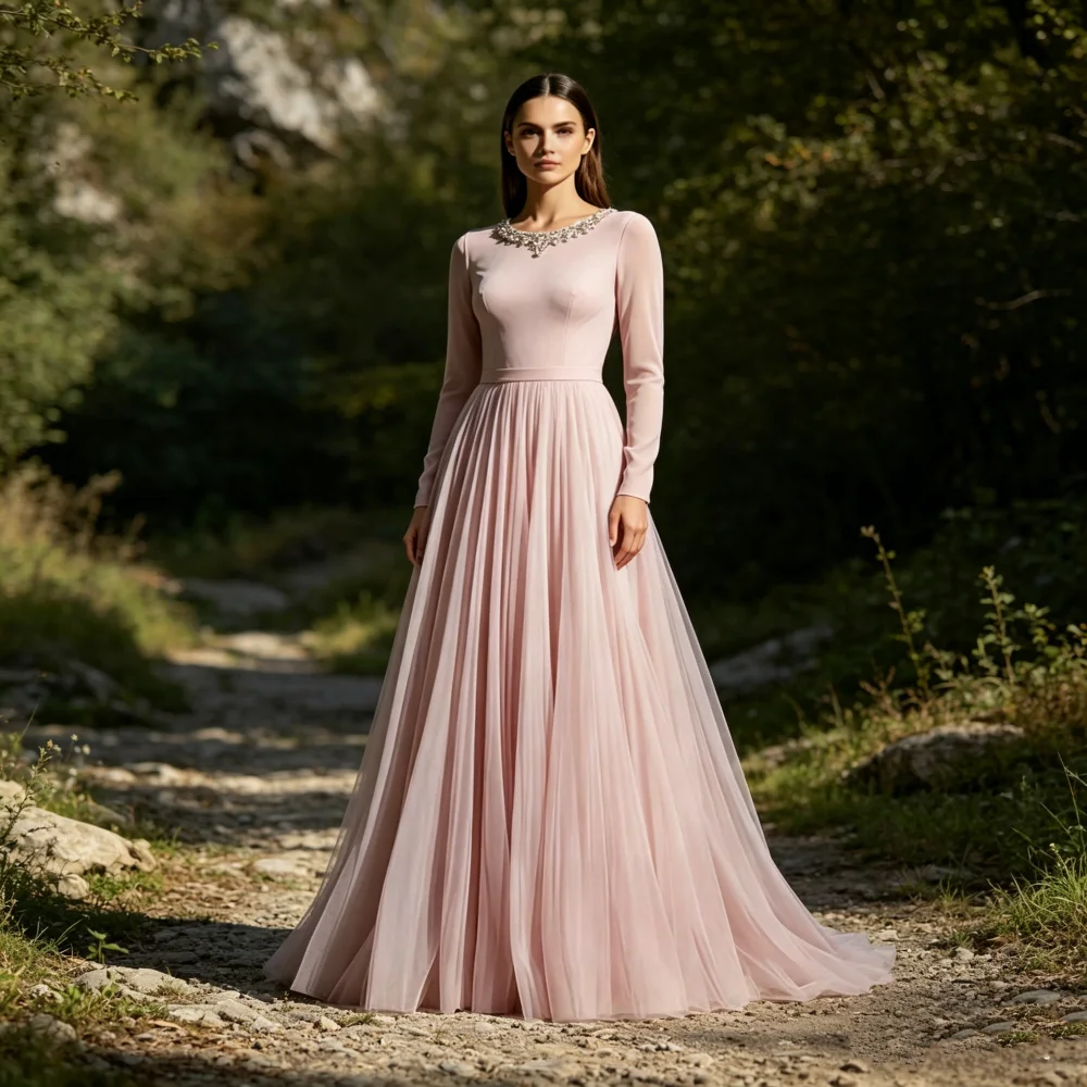 

Customized Elegant Evening Gown Rhinestone Glitter O-Neck Long Sleeves A-line Floor-length Formal Party Dress for Wedding