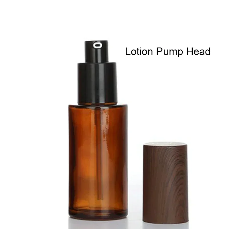 20/30/50ml Brown Glass Lotion Pump Press Bottles Refillable Soap Dispenser Containers Jars with Wood Color Cap for Cosmetics