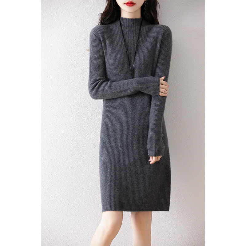 New 100% Merino Wool Knitted Women's Dress Hot Selling in Winter  Autumn and Winter Women's Dress Slimming Long Women's Dress