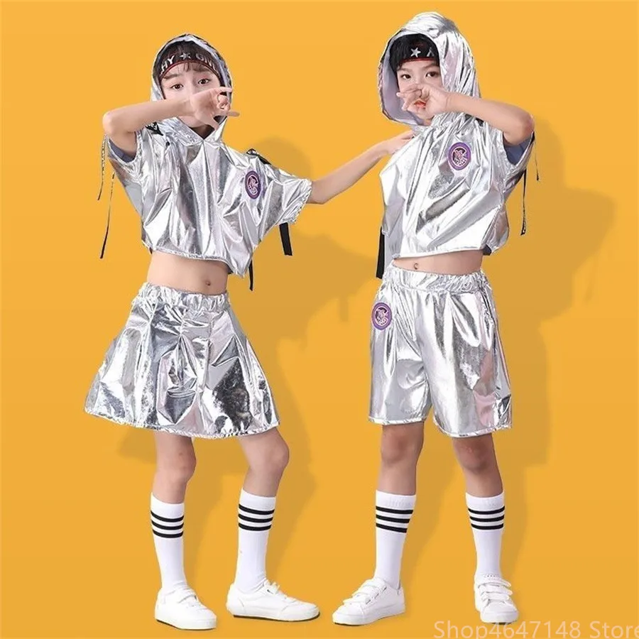 Fashion Boys Hip-hop Set Girl Silver Color Jazz Dance Costume Children Performance Clothes Dance Costume Cool Rave Outfits