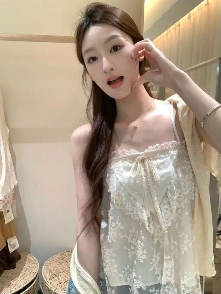

Embroidered Lace Strapless Crop Top Women Summer Floral Bow Tie Fairy Atmosphere Underwear Outerwear Casual Loose Fit