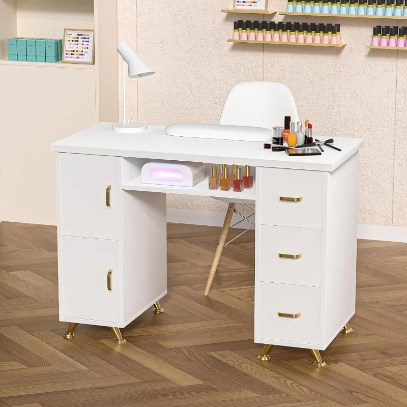 Manicure Table Nail Desk Station with Golden Handles Nail Tech Desk Acetone Resistant Table for Tech