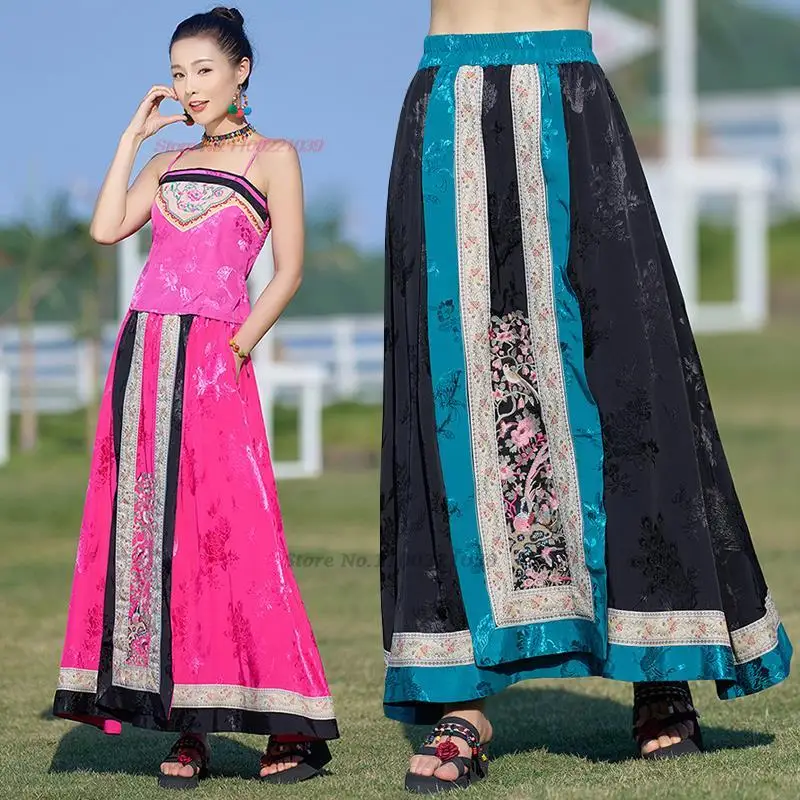 2025 traditional chinese vintage skirt national flower embroidered satin jacquard skirt oriental retro folk patchwork skirt