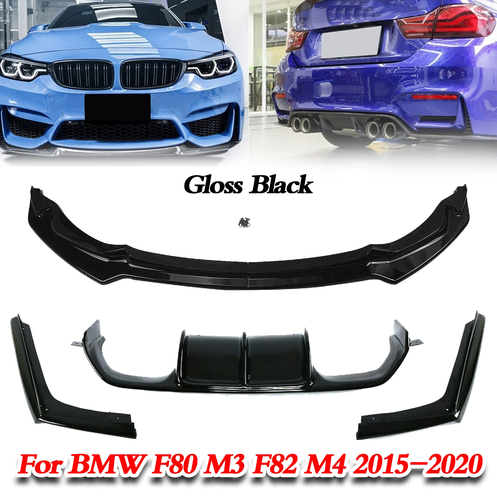 

For BMW F80 M3 F82 F83 M4 Original Bumper 2015-2020 Gloss Black Car Front Lower Spoiler Lip+Rear Diffuser Bracket Splitter Plate