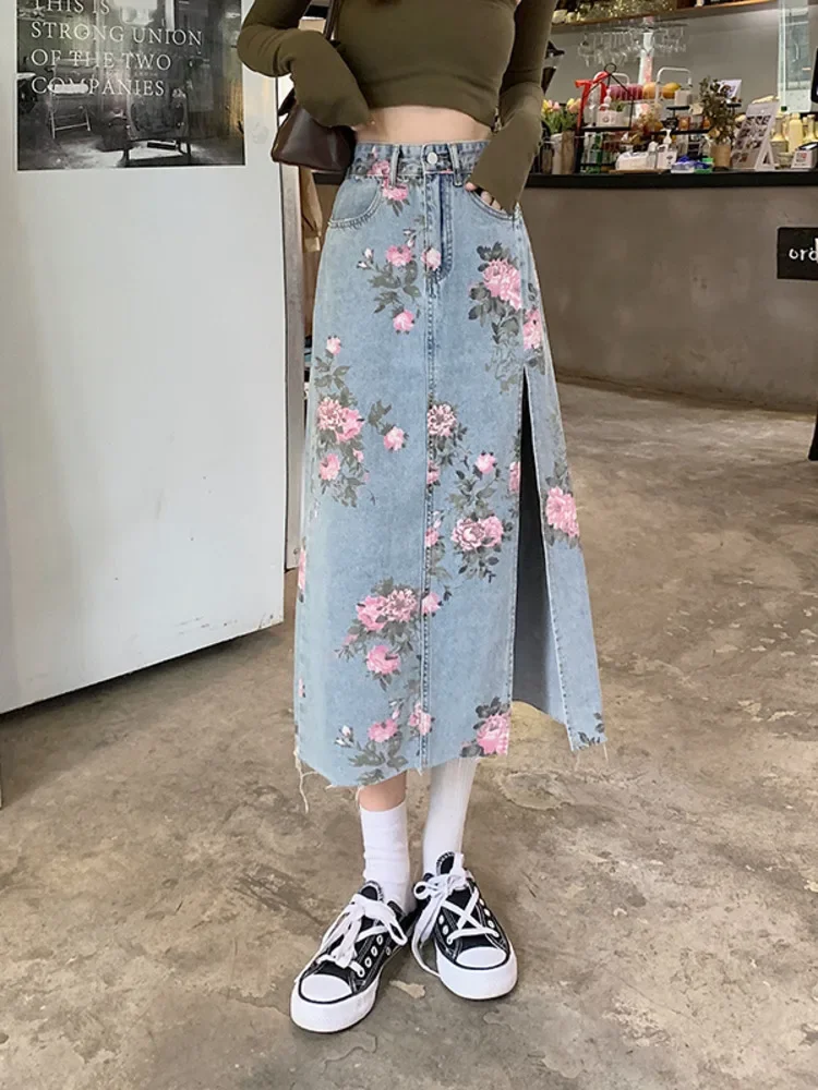 

2023 Spring And Summer Trendy Flower Split Denim Skirt Women's 5XL Slightly Fat MM Thin Bag Hip Mid-length A-line Skirt