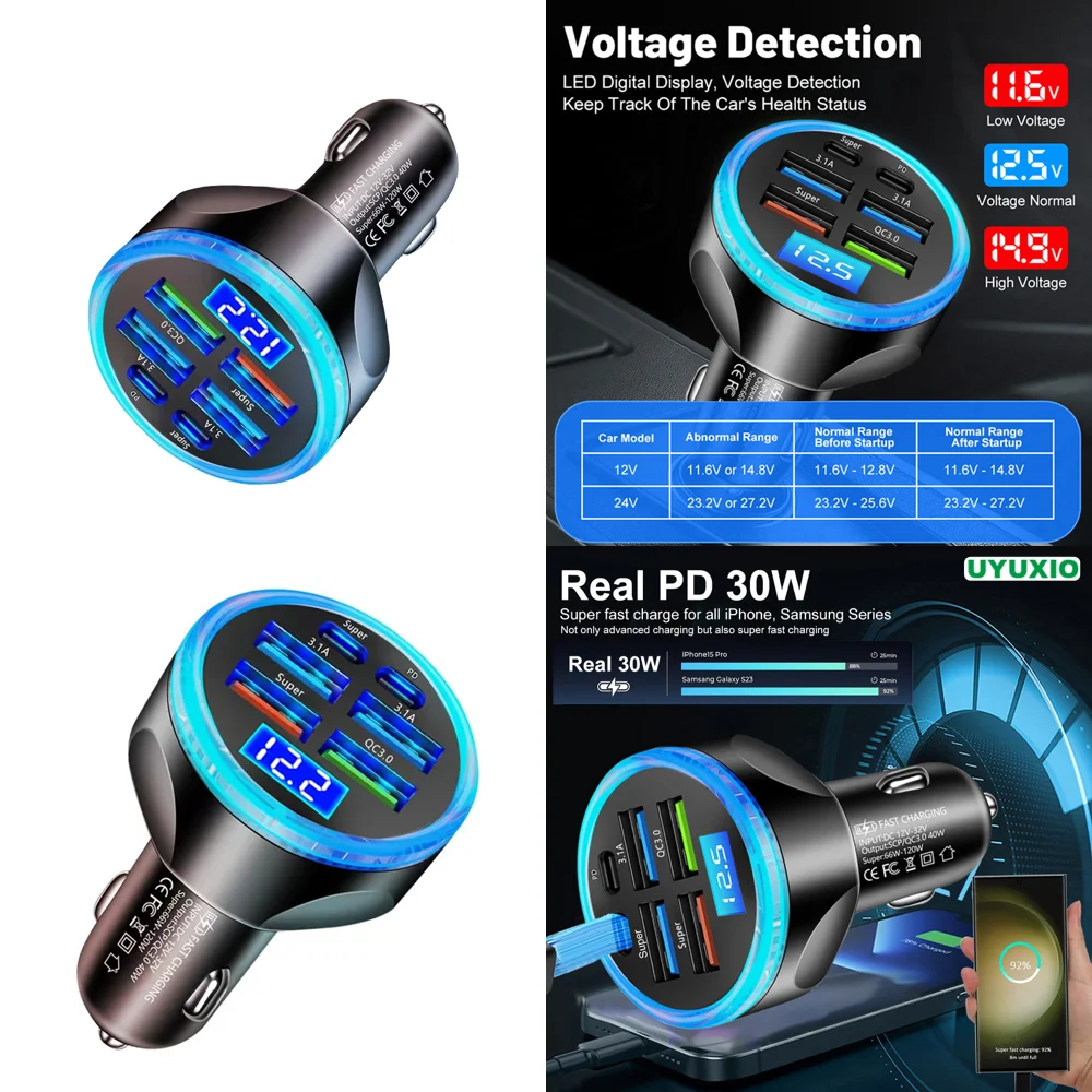 Multi Port Car Charger USB Type C PD 30W Fast Charge Adapter with Voltage Display for iPhone Trending Products 2026 New Arrivals