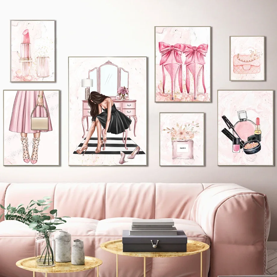 1PC--Fashion Girl High Heels Lipstick Perfume Nordic Posters And Prints Wall Art Canvas Painting Wall Pictures For Living Roo