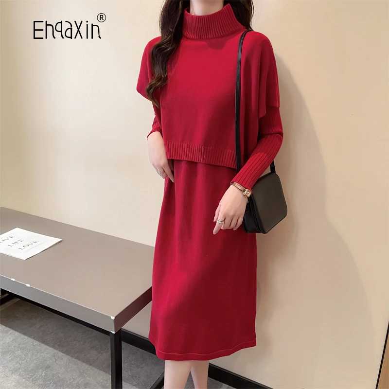 EHQAXIN New Womens Knit Dresses 2024 Autumn Winter Thick High Neck Sweater+Casual Loose Round Neck Vest Dress 2 Piece Set M-4XL