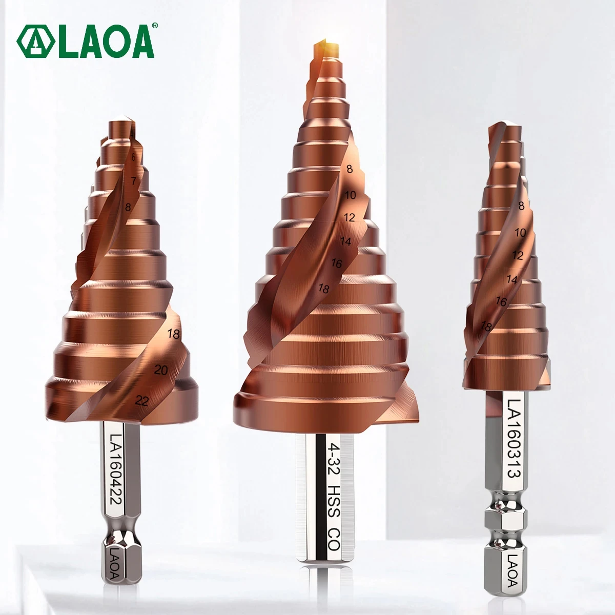 LAOA Pagoda Drill Bit 3-13mm 4-22mm 4-32mm Hole Opener HSS-CO M35 Hex Triangle Spiral Grooved Metal Stainless Steel Step Drill