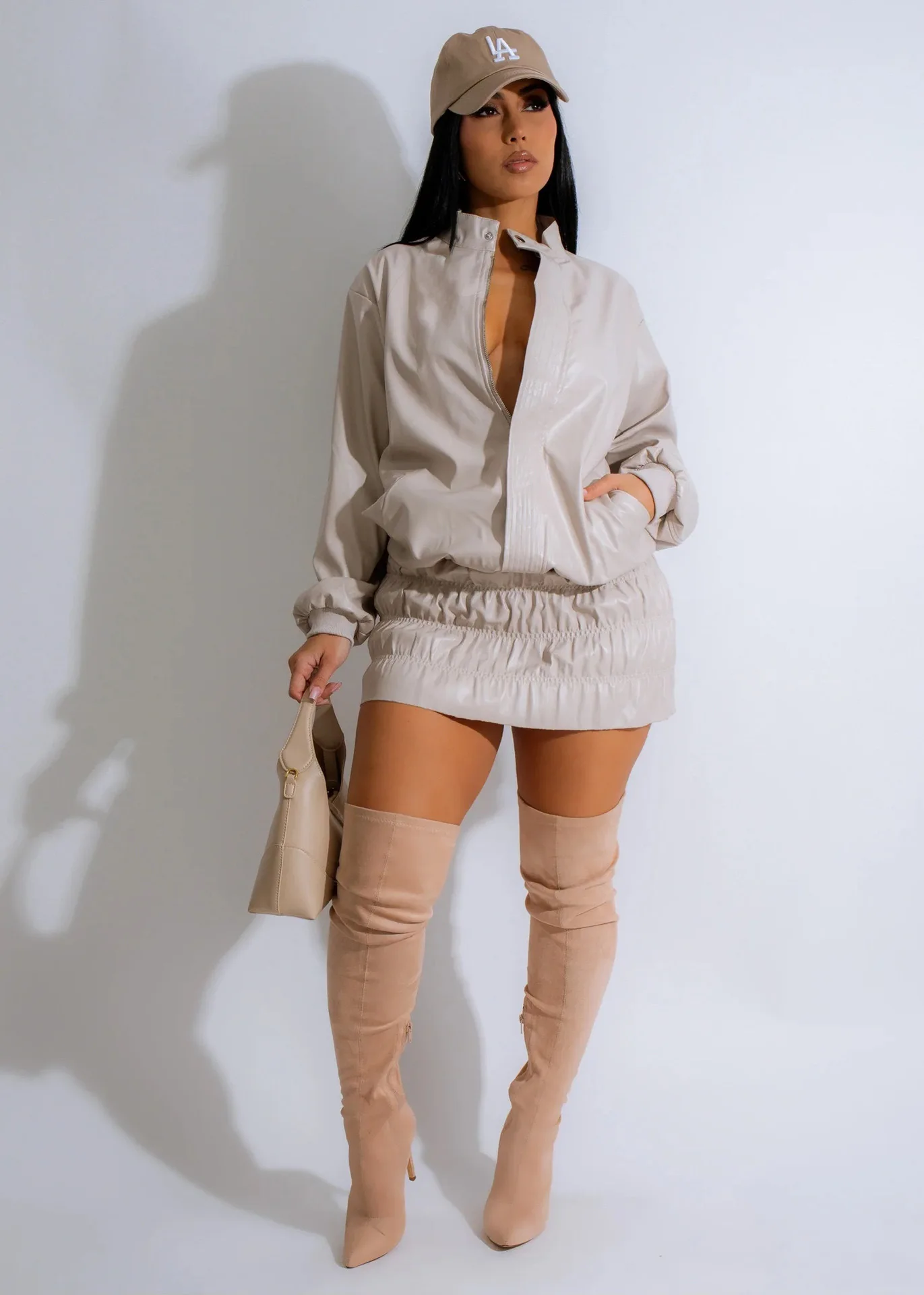 

Women Mini Ruched Skirts Set +Full Sleeve PU Leather Jackets Two 2 Piece Set Outfits 2025 Fall Casual Street Night Club