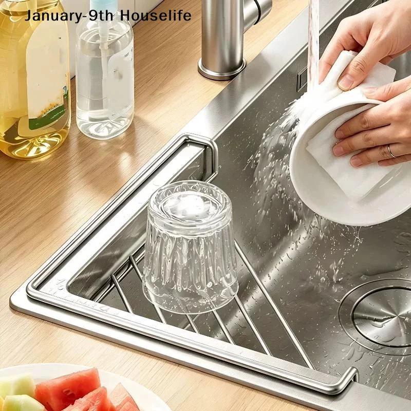 Triangular Sink Drain Rack Stainless Steel Sink Caddy Organizer Drainable Large Capacity Multifunctional Kitchen Sink Organizer
