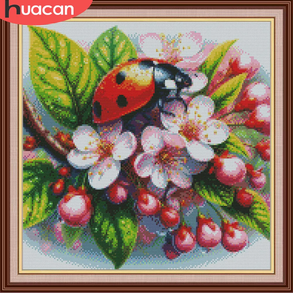 HUACAN Stickerei Marienkäfer Tier Hobby Handwerk Dmc Fäden Blume 11Ct Bild Gedruckt Kreuz Stich Anzüge Leinwand Wand