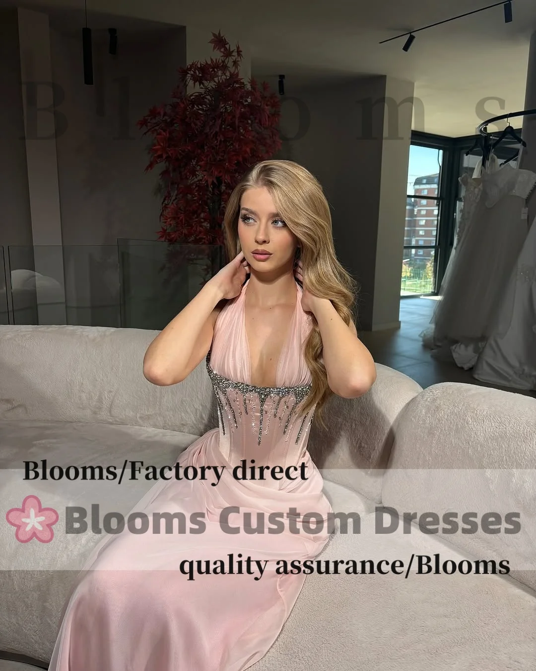 Customized Pink Halter Rhinestone Sexy Evening Dress Chiffon Ruched Sweet Back Lace-up Wedding Prom Dresses Floor-Length