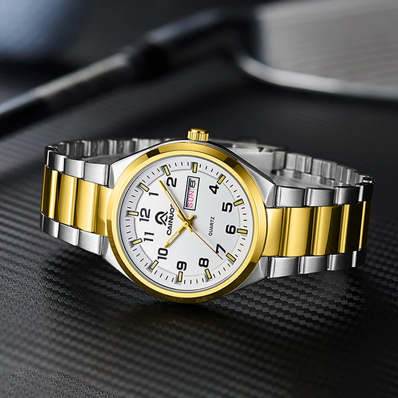 고급 스테인리스 스틸 쿼츠 시계 남녀공용 야광 방수 주간 날짜 기능 패션 드레스 손목시계 선물