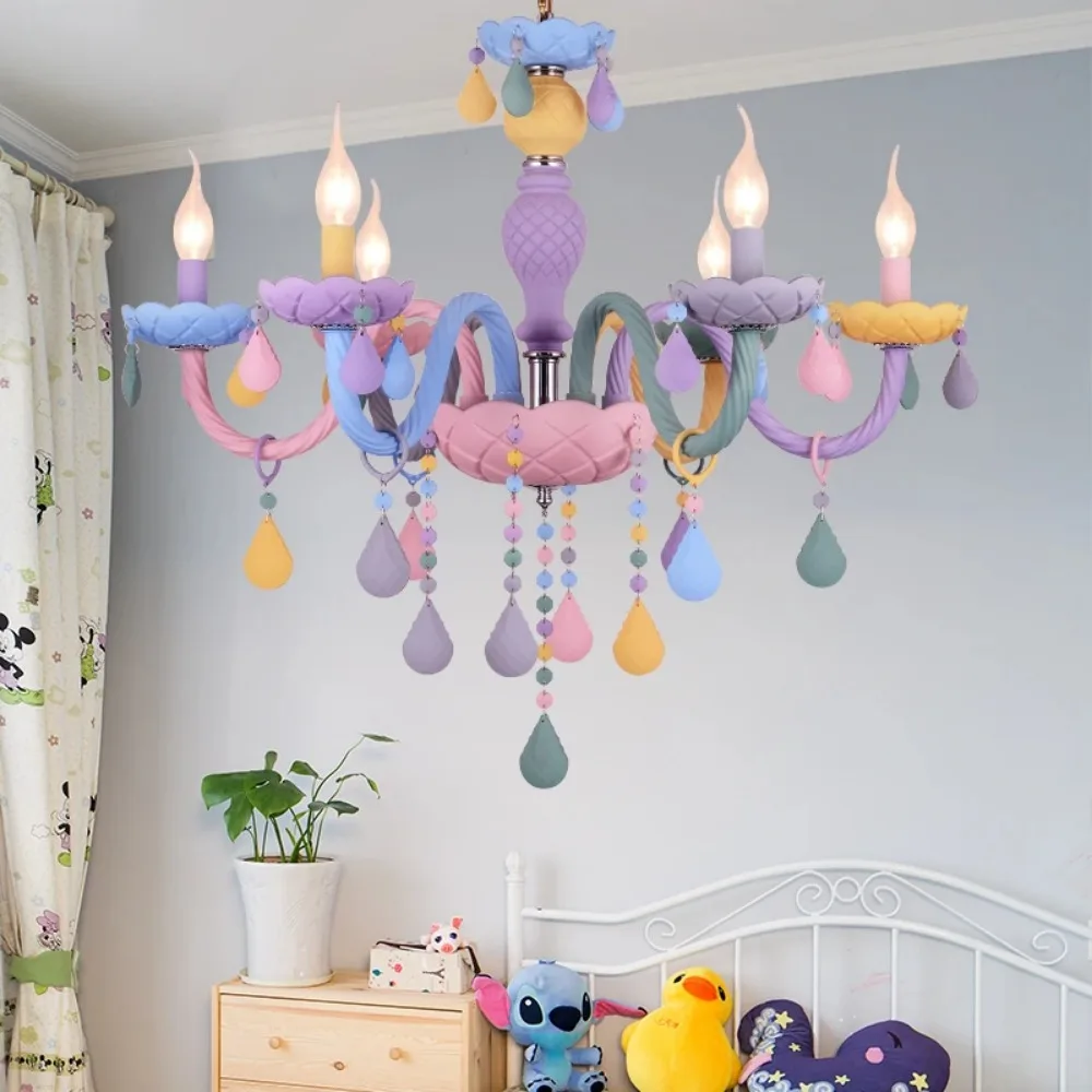 Modern Macaron Colorful Crystal Chandelier Rainbow Candle Lustres American Girl Princess Children Room Luminaire Light Fixtures