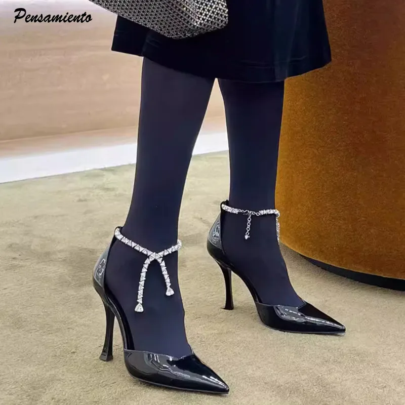 Star style Fashion Patent Leather Rhinestones Chains Women Pumps Elegant Pointed toe Ankle Strap Thin High heels Summer Shoes