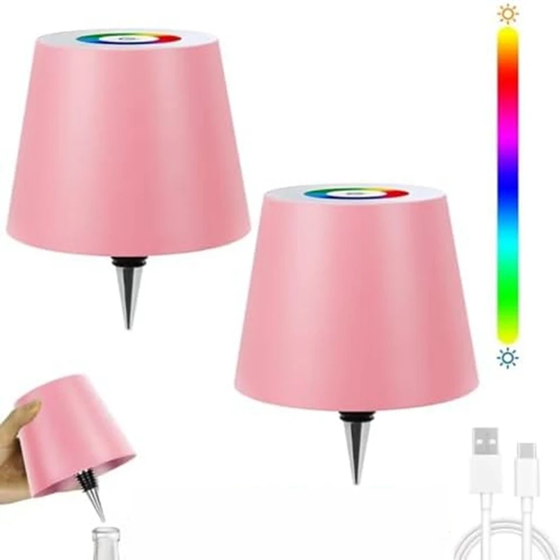 2 PCS Wireless Bottle Lamp  RGB Modes & 3 Color Stepless Dimming Bottle Lamp Shade  For Parties Bars Restaurants Pink