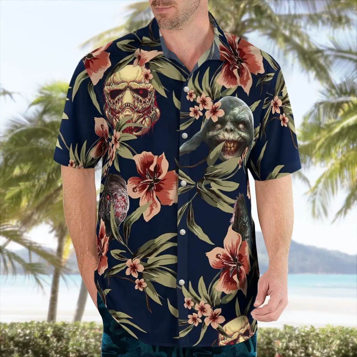 2024 Hawaiian Halloween Terror Jck Skull Ghost Men\'s Floral Casual Short Sleeve Large Street Clothes 3D Beach Summer Plus Size