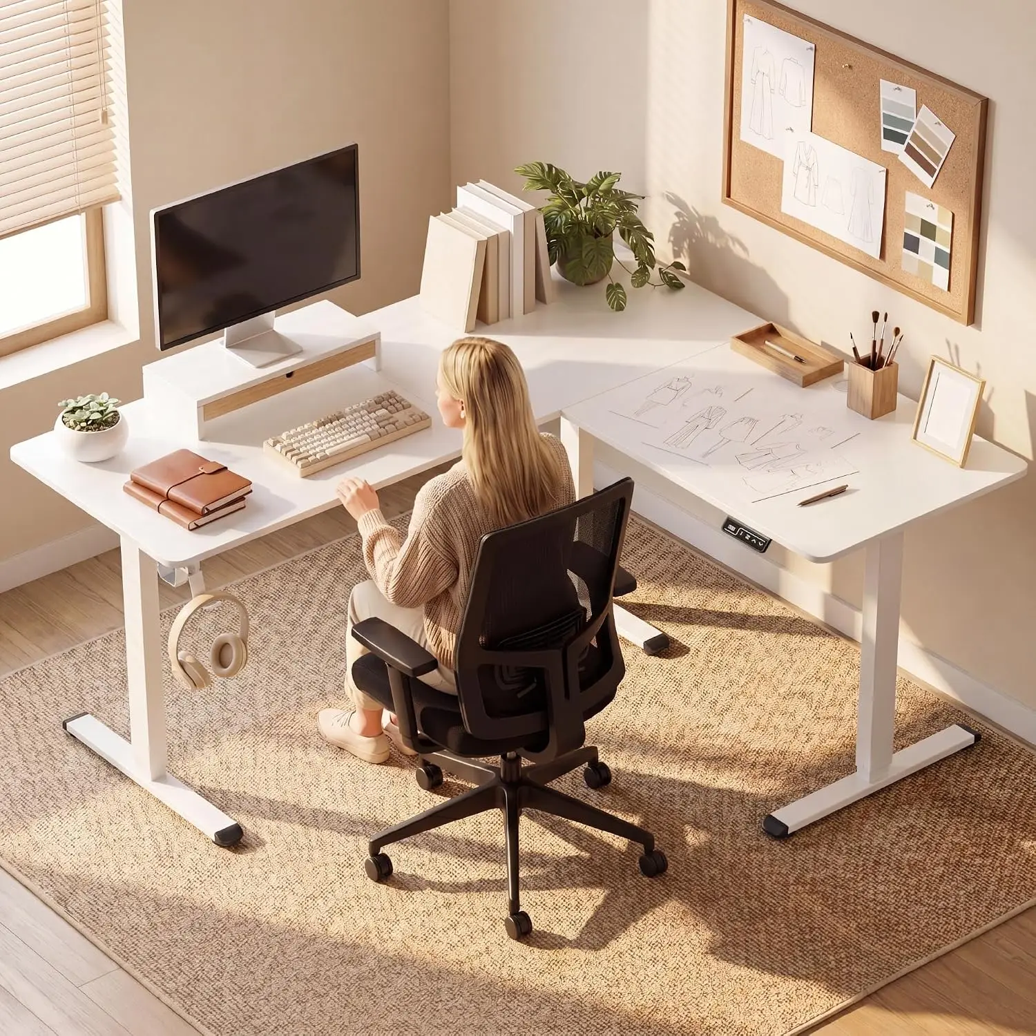 L Shaped Electric Standing Desk Height Adjustable Computer Table 2 Hooks Feet Balance Corner Home Office 63x55 White, Customized