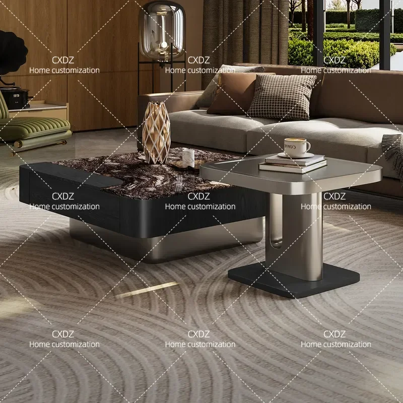 Platinum Diamond Microcrystalline Stone Coffee Table Square Marble Design for Living Room Home Small Apartment Light Luxury