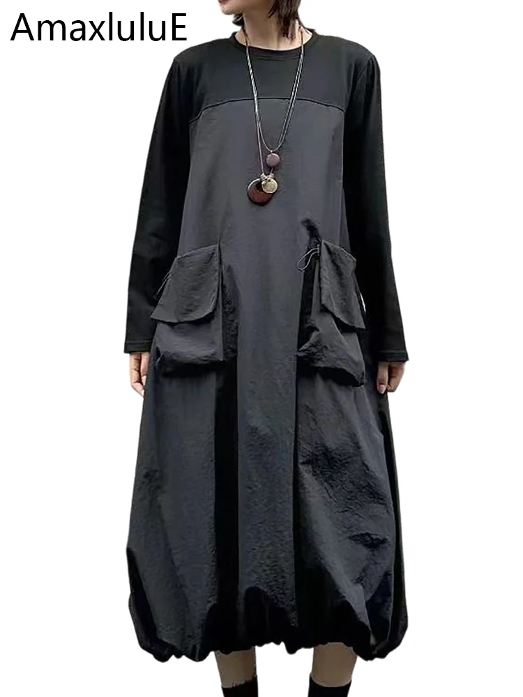 فساتين Amax LuluE الكورية الأنيقة للسيدات عتيقة فضفاضة كلاسيكية للترفيه برقبة دائرية للسيدات ملابس خروج فاخرة من القطن