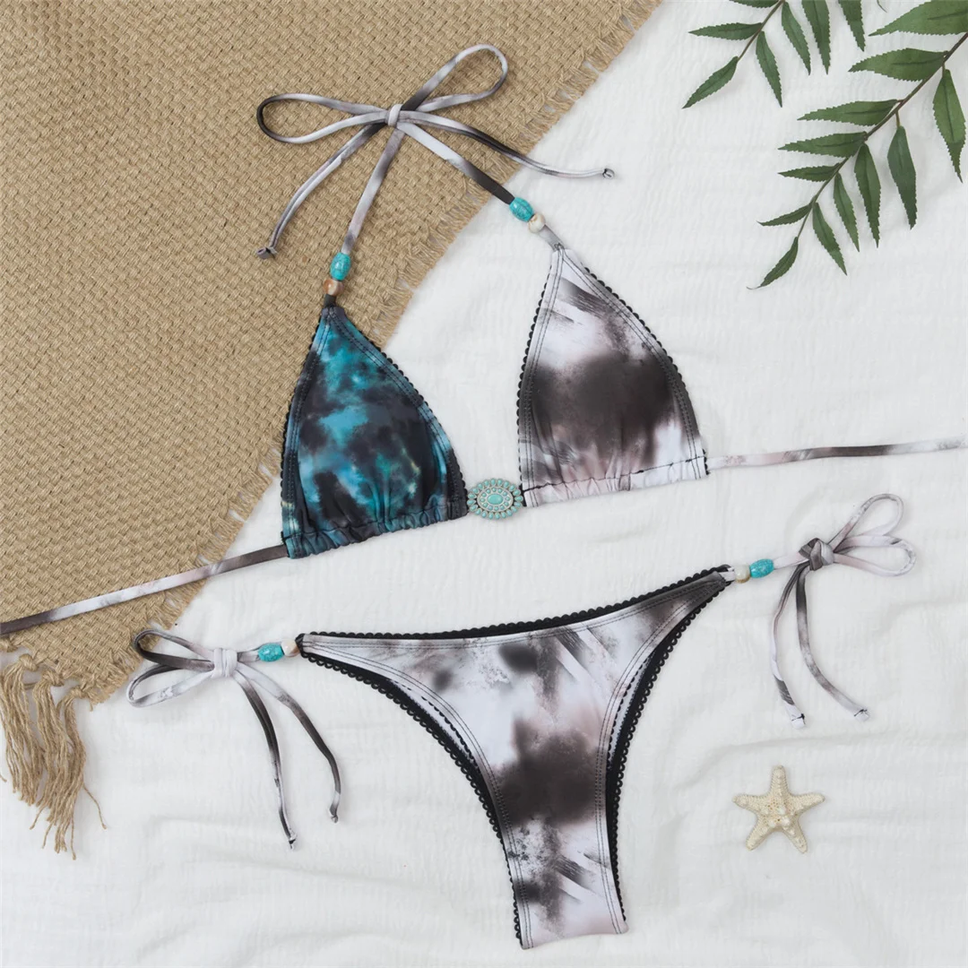 Zweiteiliges Bikini-Set, bedruckter Neckholder-Bikini, Damen-Badeanzug, Damen-Bademode, mit Trägern, hoch geschnitten, Badeanzug, Badebekleidung, Schwimmbekleidung V7613 – Detail 2