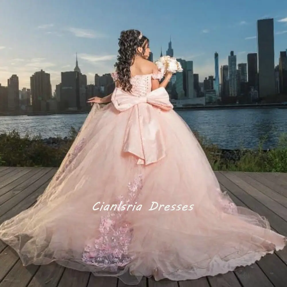 Vestido De princesa lazo De flores 3D rosa con hombros descubiertos, 15 Vestidos De vestido para quinceañeras