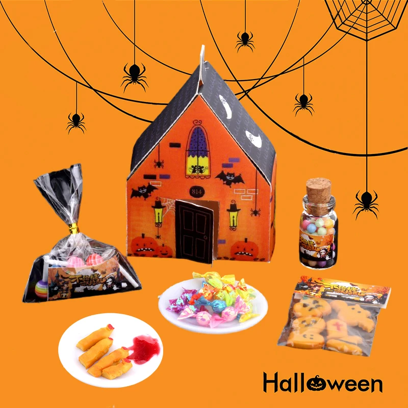 1Set 1:12 Dollhouse Miniature Halloween Candy House Biscuit Fries Fruit Candy Lollipop Model Decor Toy Doll House Accessories