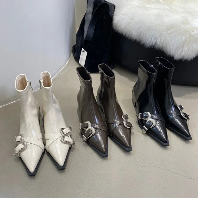 Designer Pointed Toe Women Ankle Boots Fashion Thick Heel Slimming Short Booties Autumn Winter Female Shoes