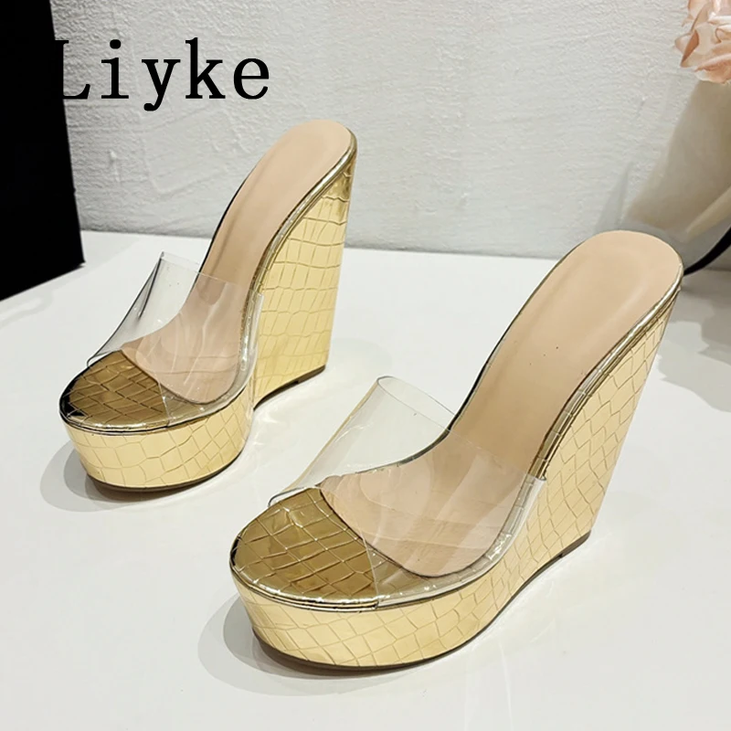 Liyke Women Sexy Super High Wedges Slippers Platform Sandals Fashion Open Toe Gold Heels PVC Transparent Shoes Zapatos Mujer