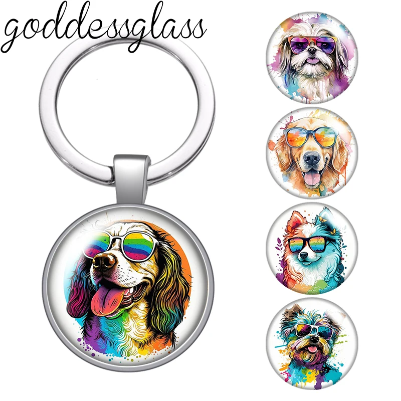 New Sunglasses Dog Fashion Shepherd Bulldog glass cabochon keychain Bag Car key chain Ring Holder Charms keychains for Gifts