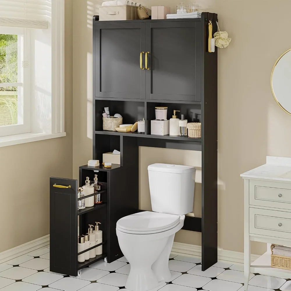 

Over The Toilet Storage Cabinet with Pulley, Space Saver W/Adjustable Shelf & Open Shelf for Bathroom, Restroom&Laundry