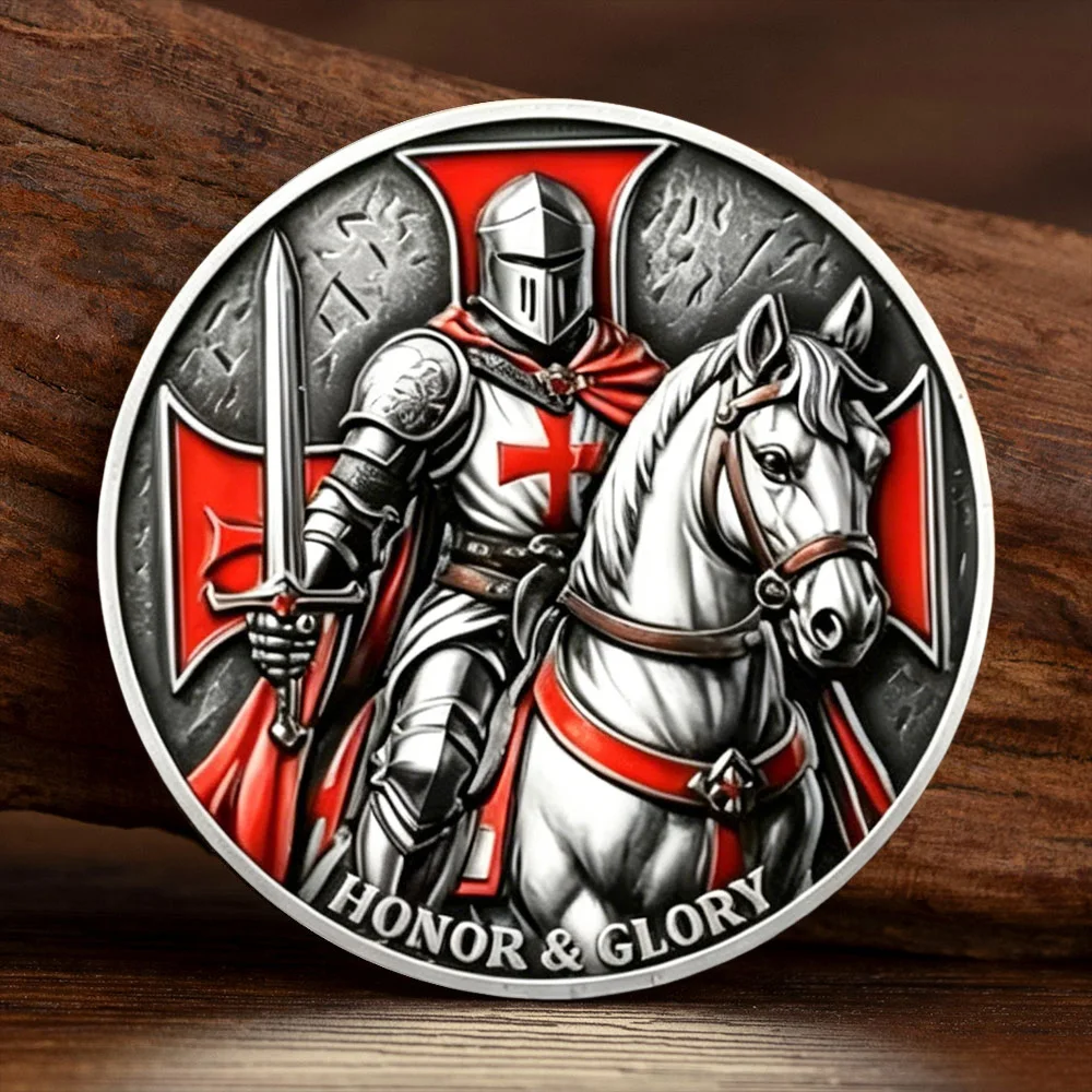 Pièce commémorative plaquée argent avec impression 2D de croisier et de chevalier, Pièce souvenir de guerrier chevalier, Symbole de foi et d'honneur