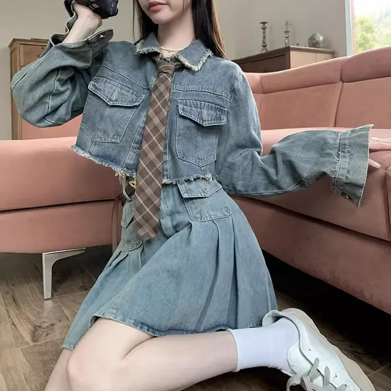 Denim Pleated Dresses Sets Women Vintage Crop Cool Girls Long Sleeve Pockets Tops Slim A-line High Waist Spicy Prevalent Hipster