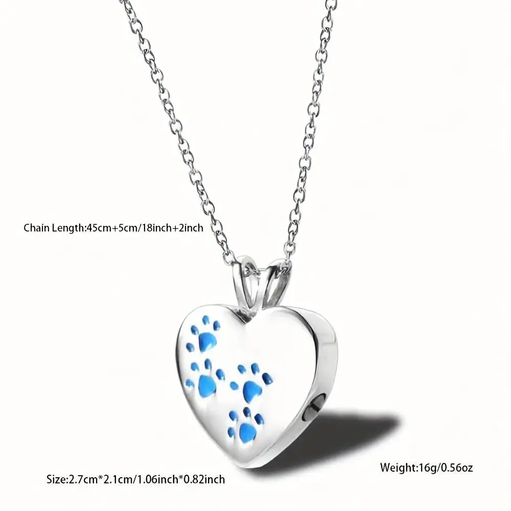 Stainless Steel Heart Cremation Dog Paw Print Pendant Necklace Ash Jewelry Memorial Gift