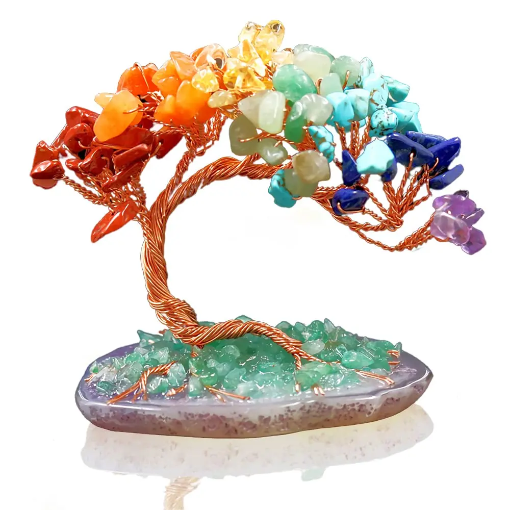 1pc Natural Colorful Crystal Crushed Stone Fengtail Tree Crystal Agate Piece Base Copper Wire Winding Fortune Tree Ornament
