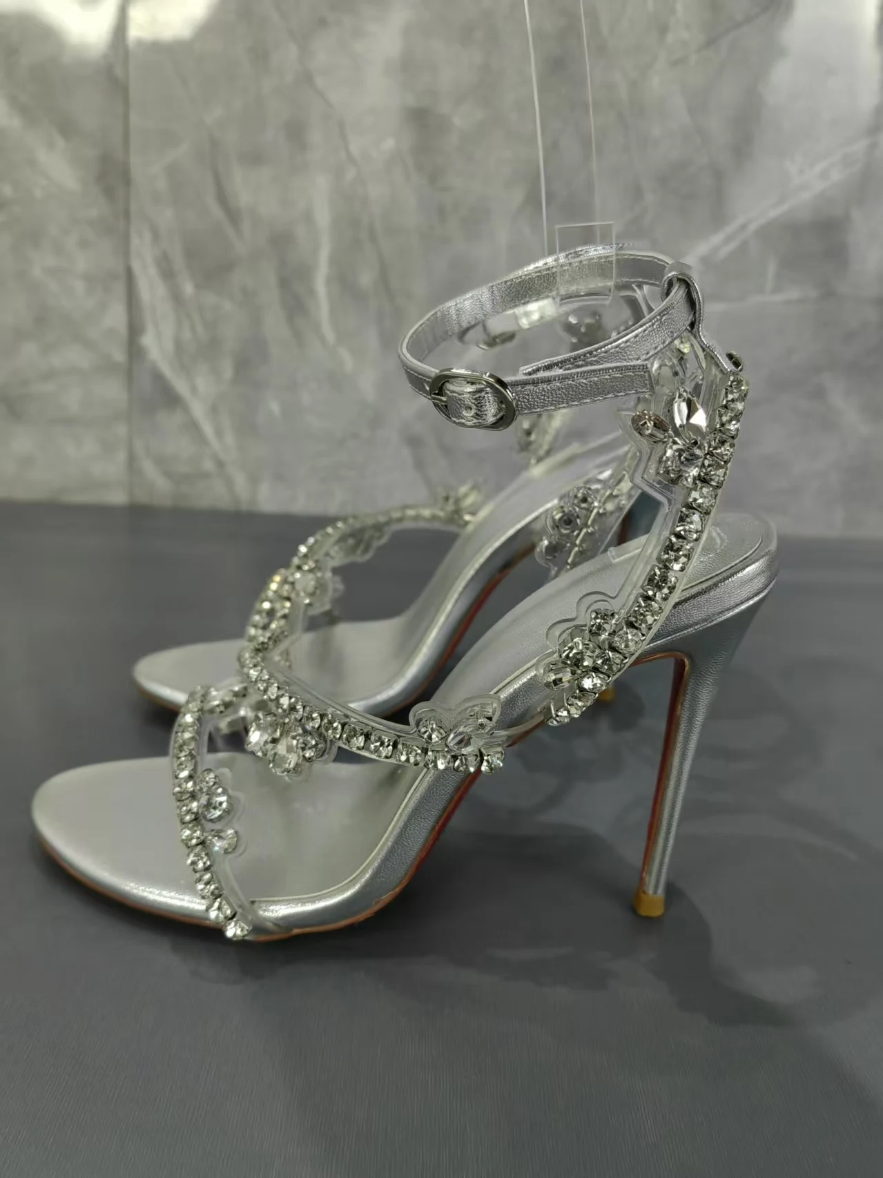 

Rhinestone Strappy Buckle Sandals Open Toe Soft Leather Silver Stiletto High Heels Comfortable Sexy Party Women Shoes Sandalias