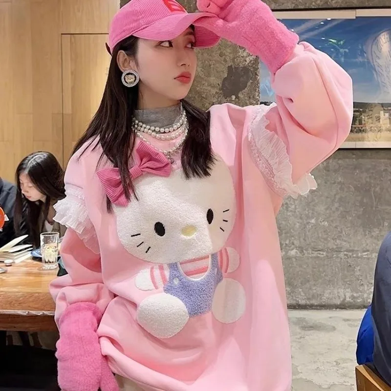 

Sweet Hello Kitty Kawaii Hoodie Anime 3D Cartoon Print Autumn Winter Student Plush Round Neck Tops Women Clothes Sweatshirt Gift