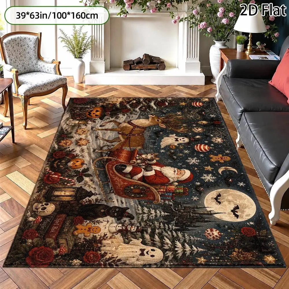 1pc Christmas Halloween Mix Santa Sleigh Area Rug, 2D Flat Print, Indoor Floor Mat for Living Room, Holiday Home Decor