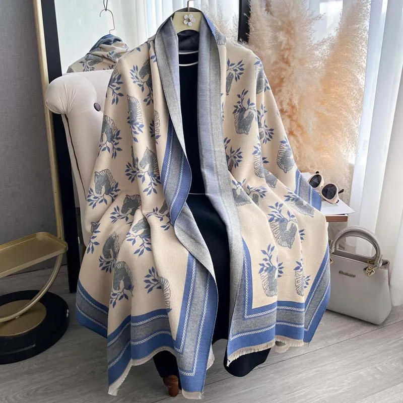 2026 Fall Winter Women Korean Style Imitation Cashmere Scarf Leaf Pony Jacquard Thick Long Shawl Wrap Elegant Versatile Warm