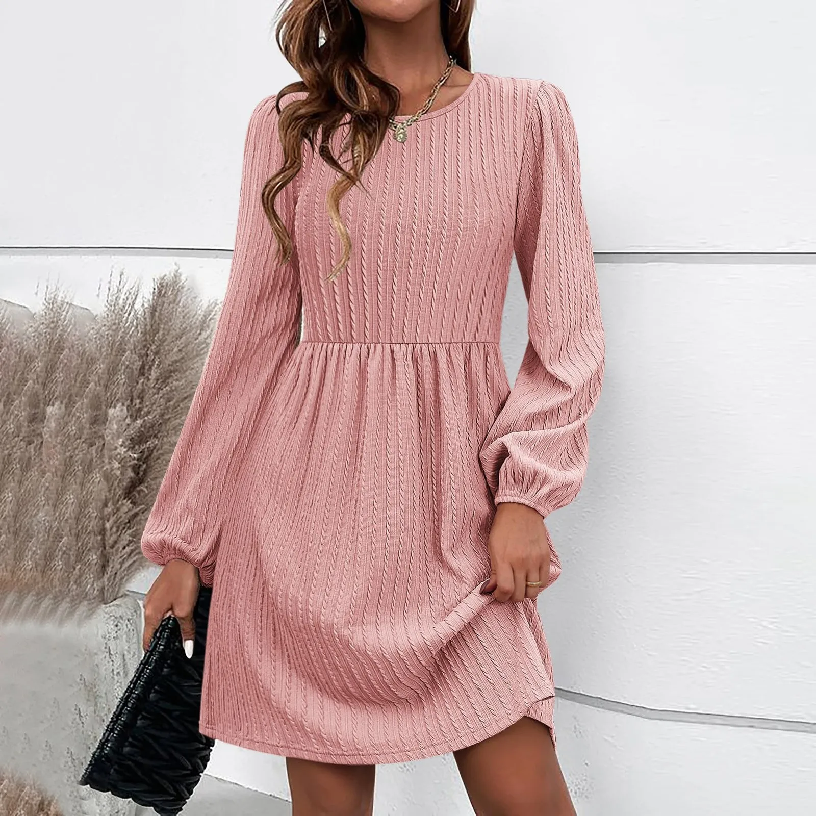 2024 Autumn Knitted Dress Women's New Flowing A-Line Skirt Elastic Sleeve Solid Color Women Patchwork Long Sleeve Dress Robe