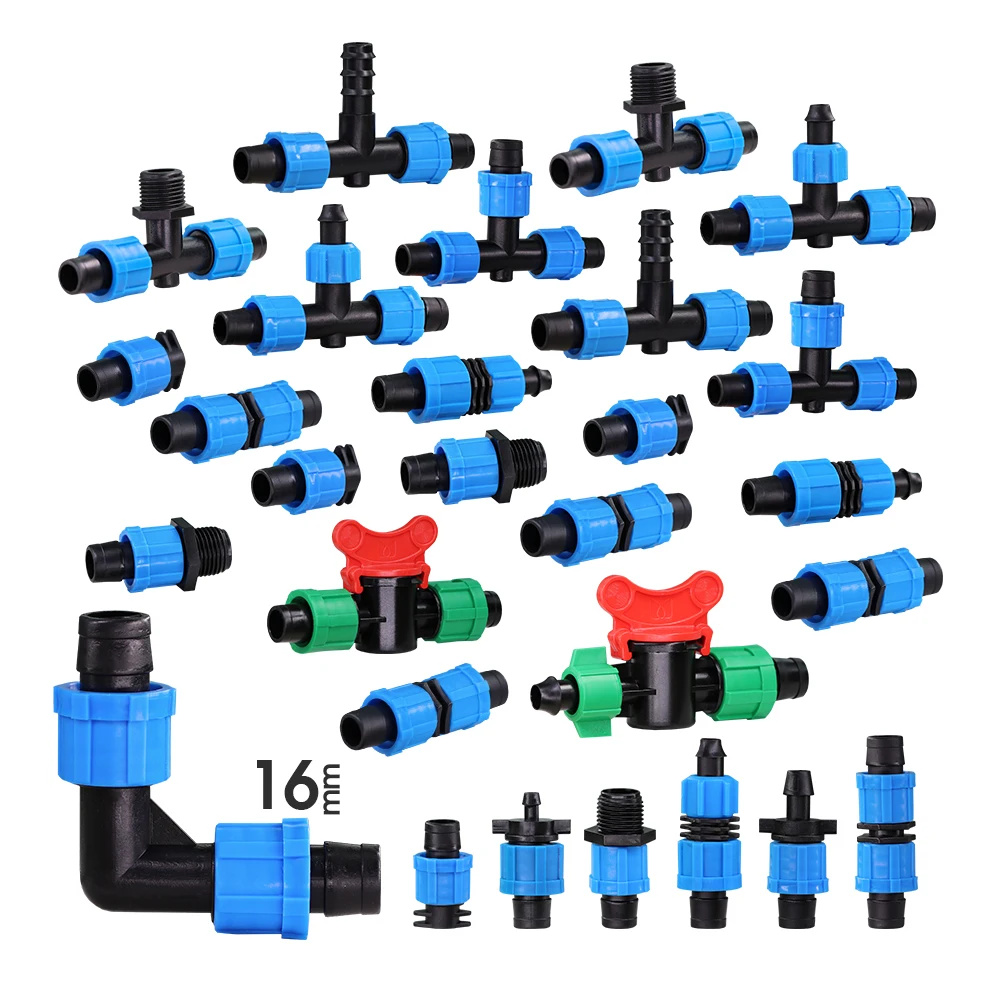 

16MM 5/8'' Irrigation Drip Tape Tap Valve Elbow Tee End Plug Thread Lock Connector Garden Watering Pipe Hose Joints Greenhouse