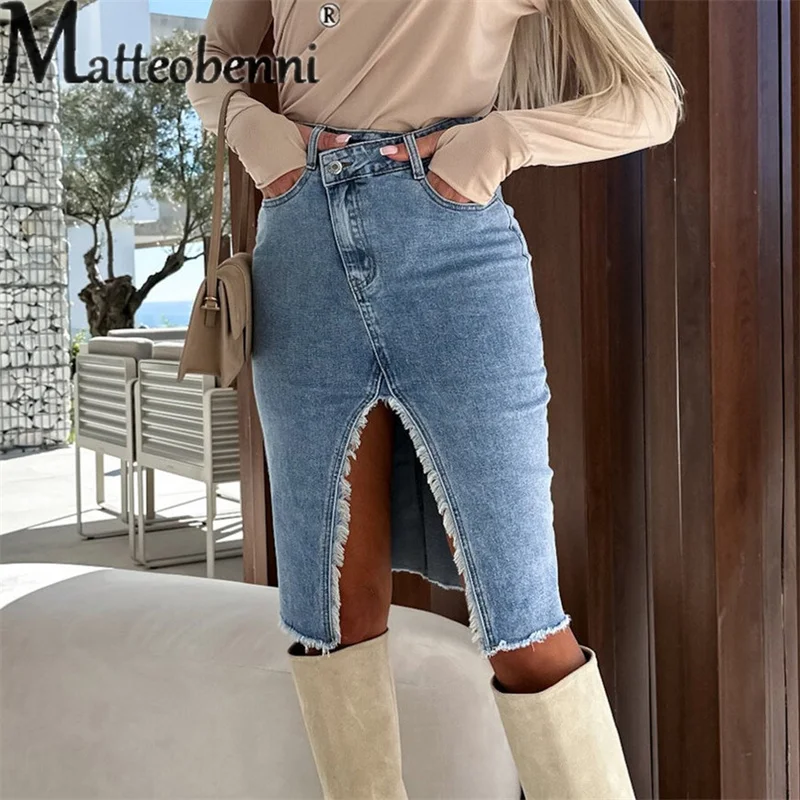 Women's Sweet Style Solid ColorSplit Wrap Hip Denim Skirt Female Korean Fashion Burrs Slim Fit Half-body Dresses Casual Commuter